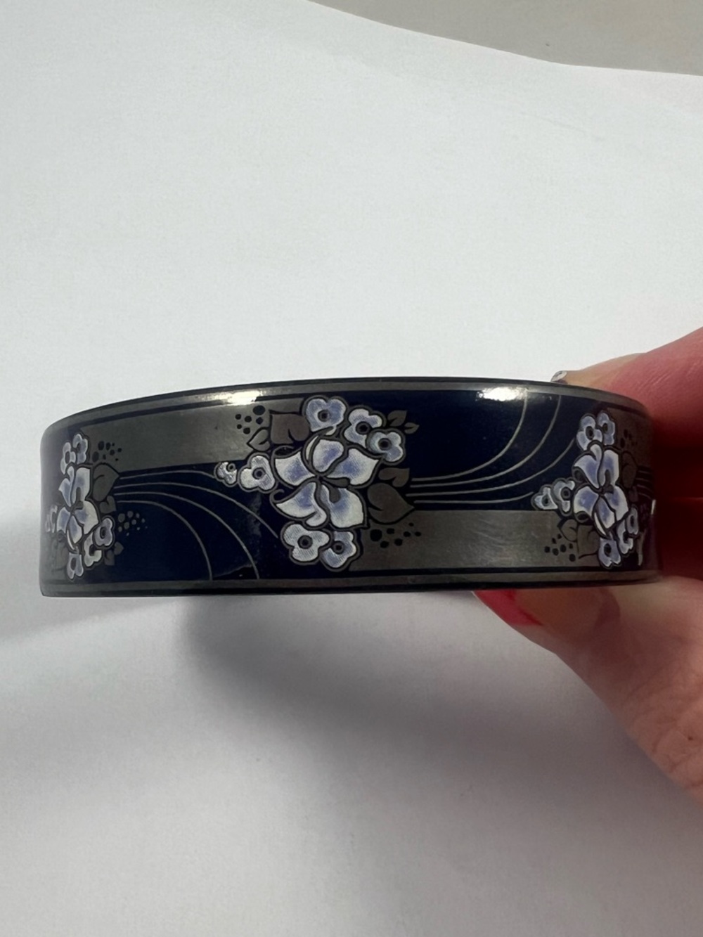 Vintage Michaela Frey Bangle Enamel Blue Floral Design Signed Branded